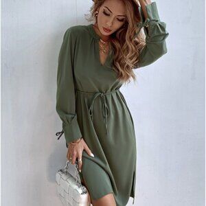 Notched Split Hem Tie Front Tunic Dress